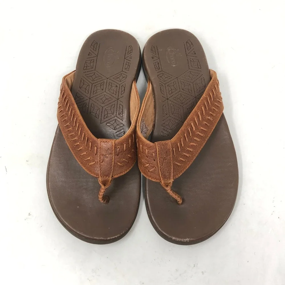 Chaco Mens 9 Sandals Brown Leather Woven Thong Jackson Flip Flops